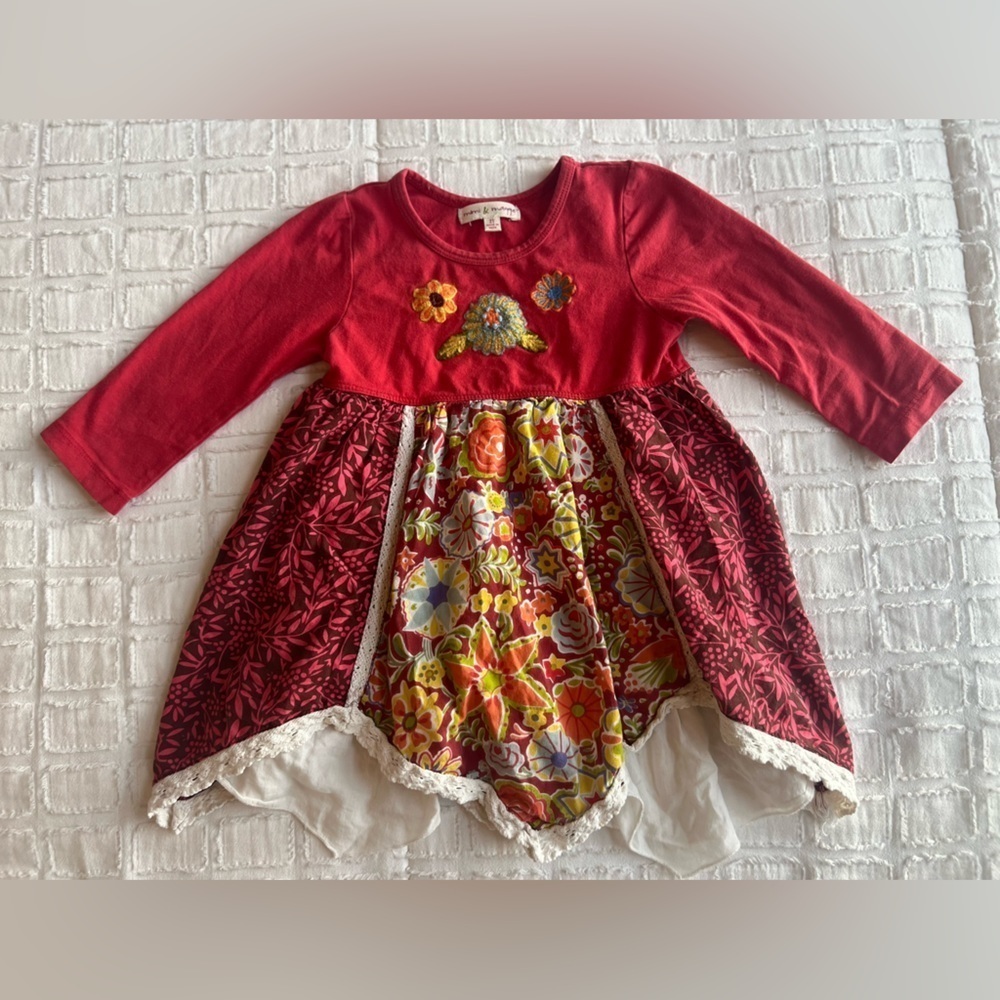 Mimi & Maggie Tunic Dress Long Sleeve Accent Crochet Trim Embroidered Floral 2T